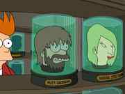In this shot, Lela has just chased Fry and Bender into the Head Museum. As she look around the museum for the two of them, you see Matt Groenings head in one of the jars. (the creator of Futurama)